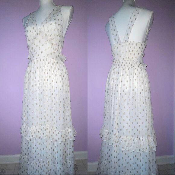 NEW En Creme Maxi Dress M Boho Metallic Polka Dot Cutout Ruffle Tiered - Picture 1 of 13